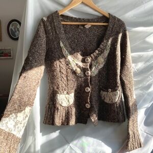 BKE Knit Lace Floral Brown Cardigan Sweater Large Whimsical Femme Fairy Boho Y2K